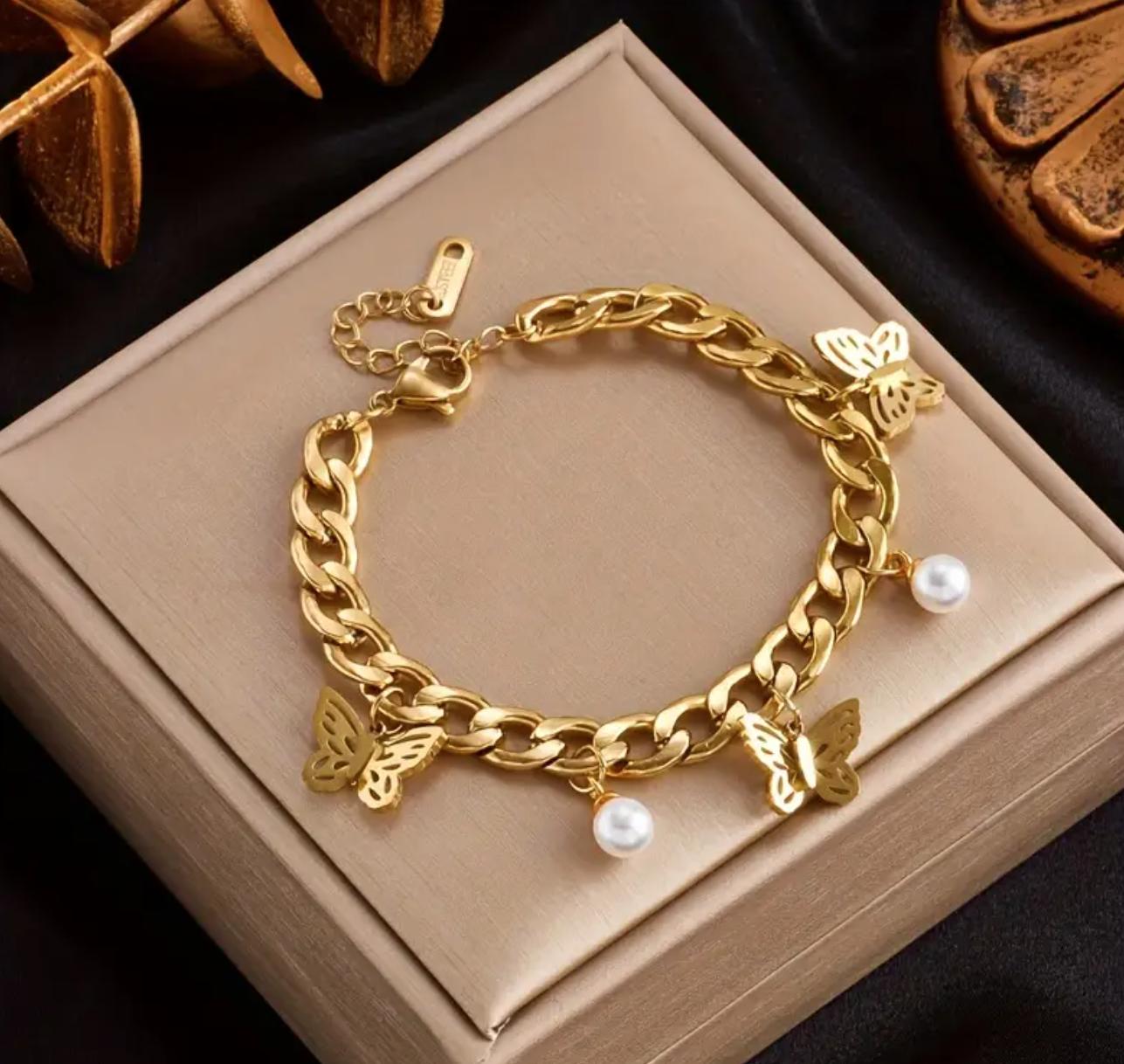 Butterfly Pearl Bracelet - Stainless Steel Gilded Bracelet, Butterfly Pearl Pendant Bracelet