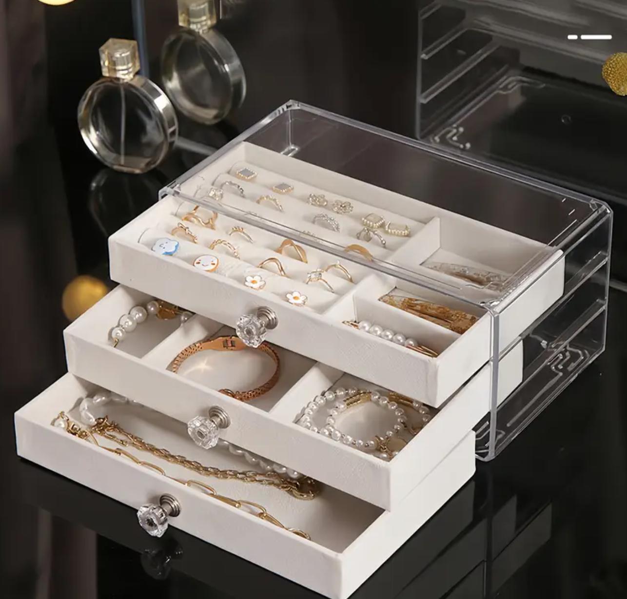 3-Tier Capacity Jewelry Organizer Box with Drawers for Accessories and Small Ornaments, Portable Countertop Jewelry Case