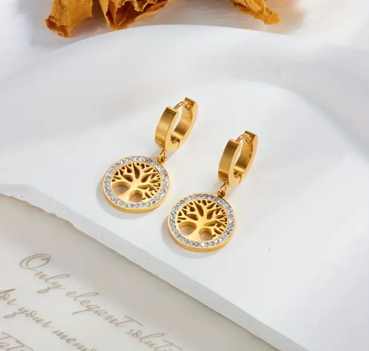 Tree of Life - Stainless Steel Necklace, Earing and Ring with Heart Tree of Life Pendant and Rhinestone Accents, Simple Elegant Beaded Chain