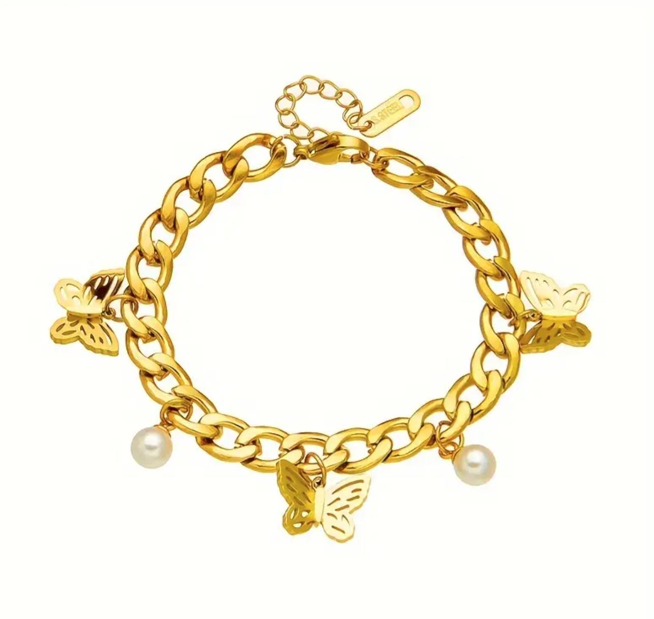 Butterfly Pearl Bracelet - Stainless Steel Gilded Bracelet, Butterfly Pearl Pendant Bracelet