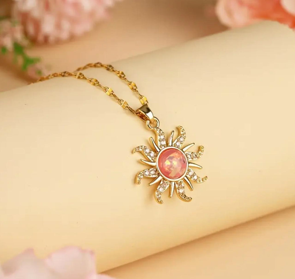 Pink Five-Petal - Stainless Steel Pendant Necklace For Women zirconia Jewelry Gifts