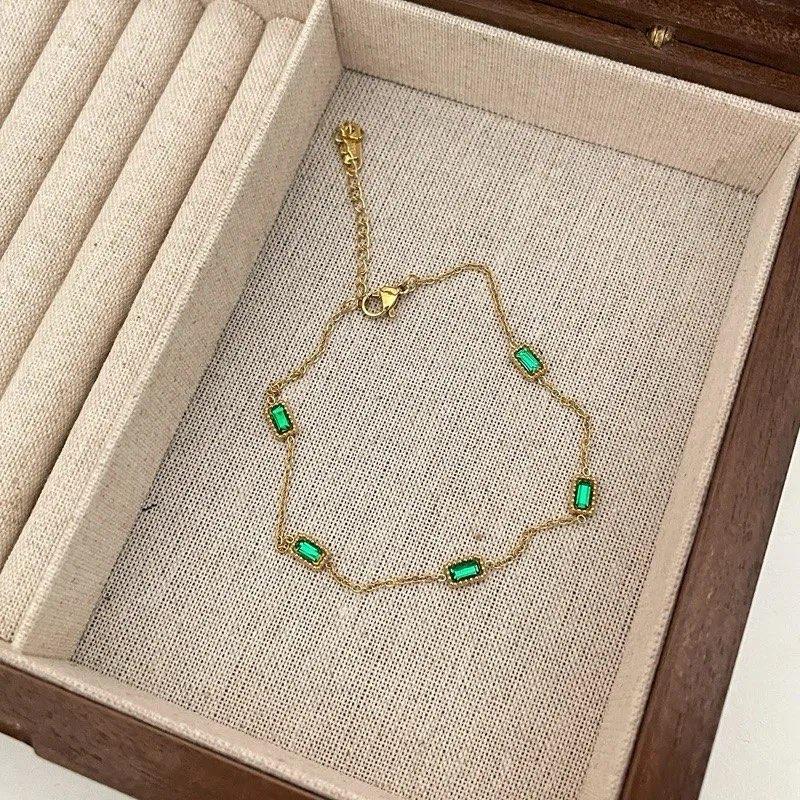 Hawa Necklace Bracelet Stainless Steel KDD093 Gold Chain with Green Gemstones Jewelry Set