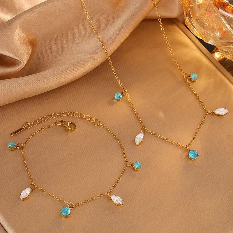 Ice blue set - Stainless Steel 18k gold Plated Bracelets Necklace