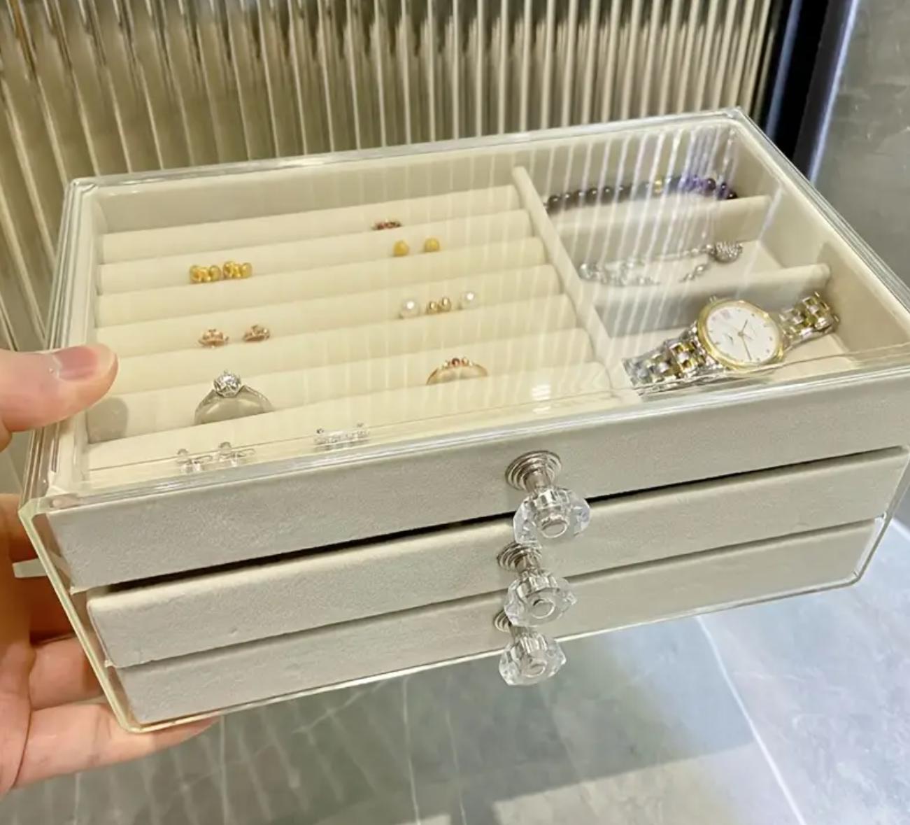 3-Tier Capacity Jewelry Organizer Box with Drawers for Accessories and Small Ornaments, Portable Countertop Jewelry Case