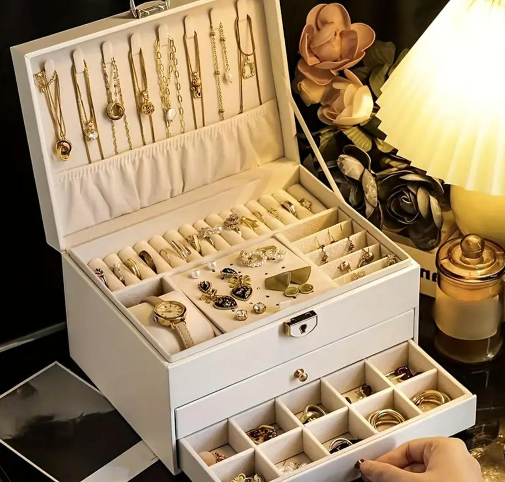 3-Layer Faux Leather Jewelry Organizer Box with Lock, Padded Compartments for Necklaces, Earrings, Bracelets, Elegant Storage Solution, with White, Black, Safari Green