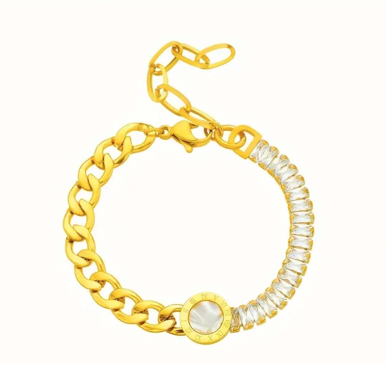 Lara Bracelet - 18K Gold Plated Vintage Simple Stainless Steel Bracelet with Rhinestones, Fashion Niche Circle Charm Chain Bracelet for Daily and Party Accessory