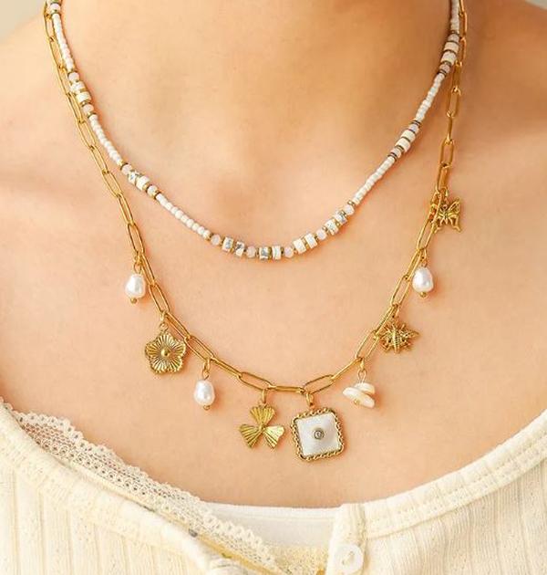 Summer Charm Necklace- Stainless Steel Zircon 18K Gold Plated Plating Inlay Multi Charms Necklace Paperclip Chain