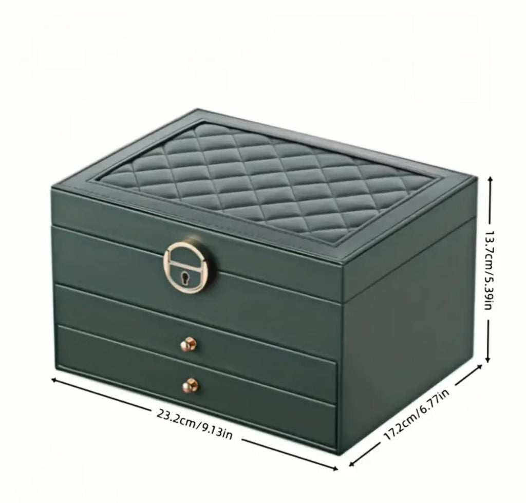 3-Layer Faux Leather Jewelry Organizer Box with Lock, Padded Compartments for Necklaces, Earrings, Bracelets, Elegant Storage Solution, with White, Black, Safari Green