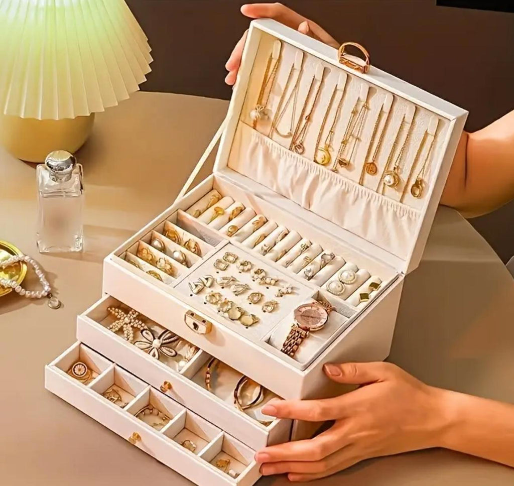 3-Layer Faux Leather Jewelry Organizer Box with Lock, Padded Compartments for Necklaces, Earrings, Bracelets, Elegant Storage Solution, with White, Black, Safari Green