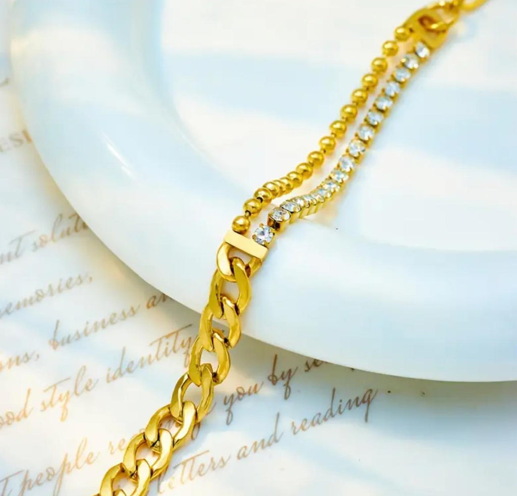 Laura Bracelete - 18k Gold plated Stainless Steel Double-Layer Thick Chain Bracelet - waterproof Creative Inlaid Synthetic Zirconia Bracelet simple and Elegant