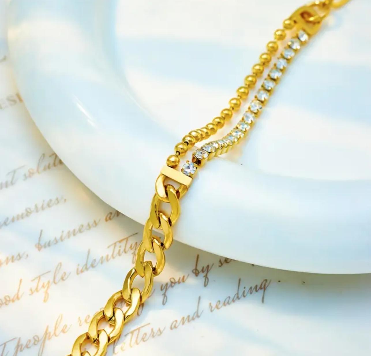 Laura Bracelete - 18k Gold plated Stainless Steel Double-Layer Thick Chain Bracelet - waterproof Creative Inlaid Synthetic Zirconia Bracelet simple and Elegant