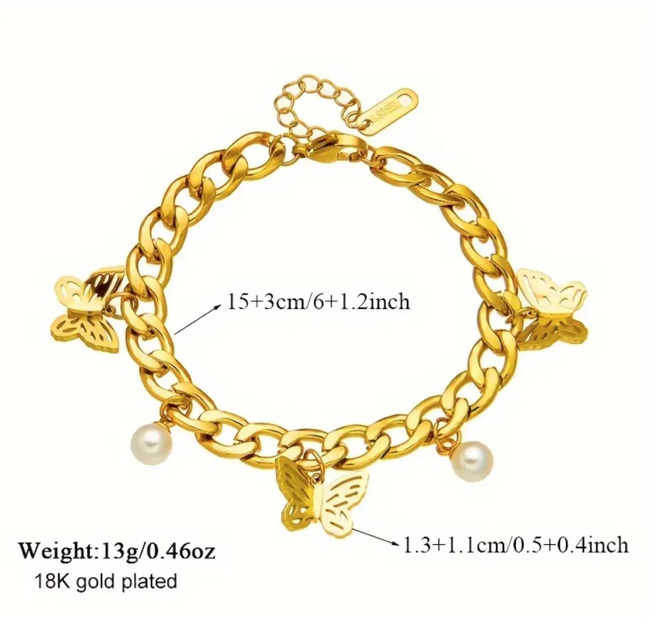 Butterfly Pearl Bracelet - Stainless Steel Gilded Bracelet, Butterfly Pearl Pendant Bracelet