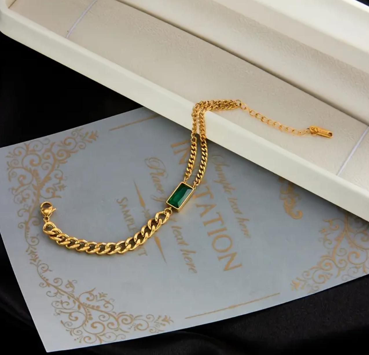 Hena Bracelet - Stainless Steel Trendy Green Small Square Golden Chain Bracelet, Gift For Women