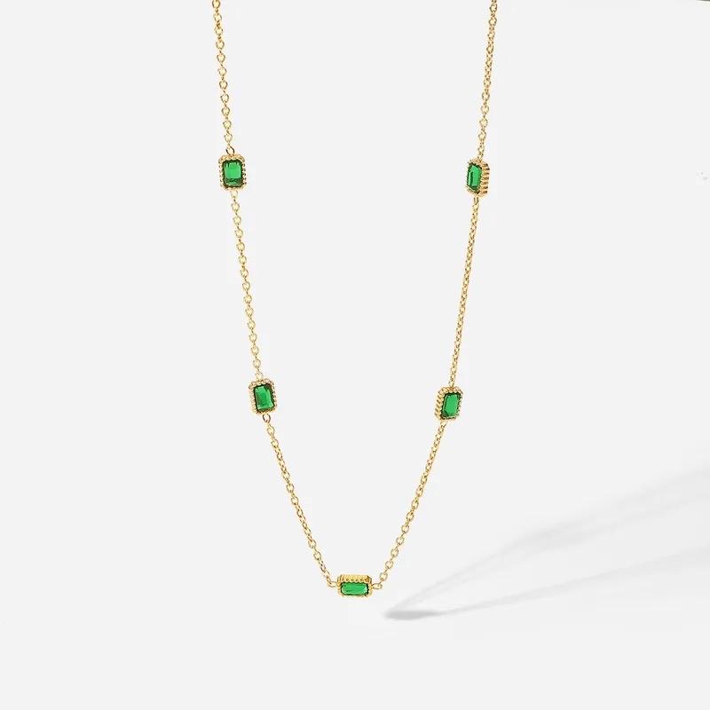 Hawa Necklace Bracelet Stainless Steel KDD093 Gold Chain with Green Gemstones Jewelry Set