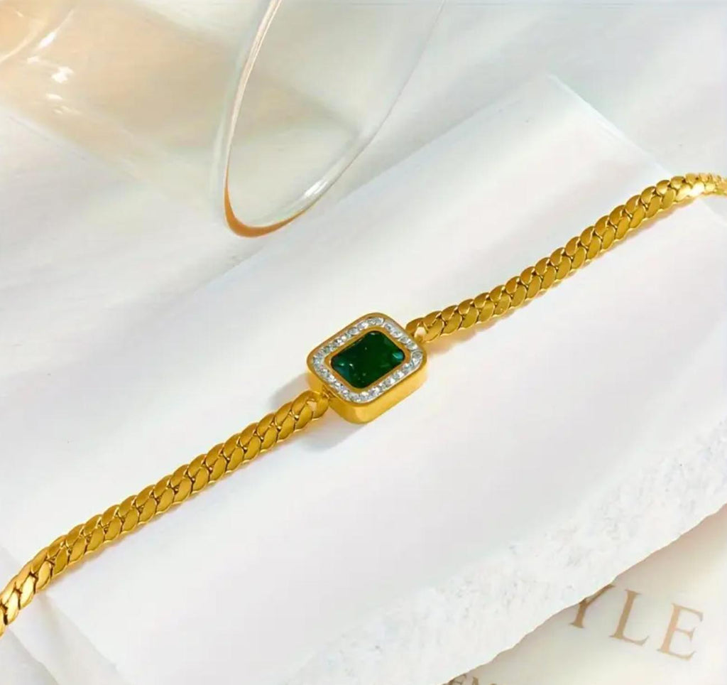 Hayat Bracelet - Stainless Steel Bracelet with Golden Chain and Green Square Glass Pendant, Unisex Fashion Jewelry