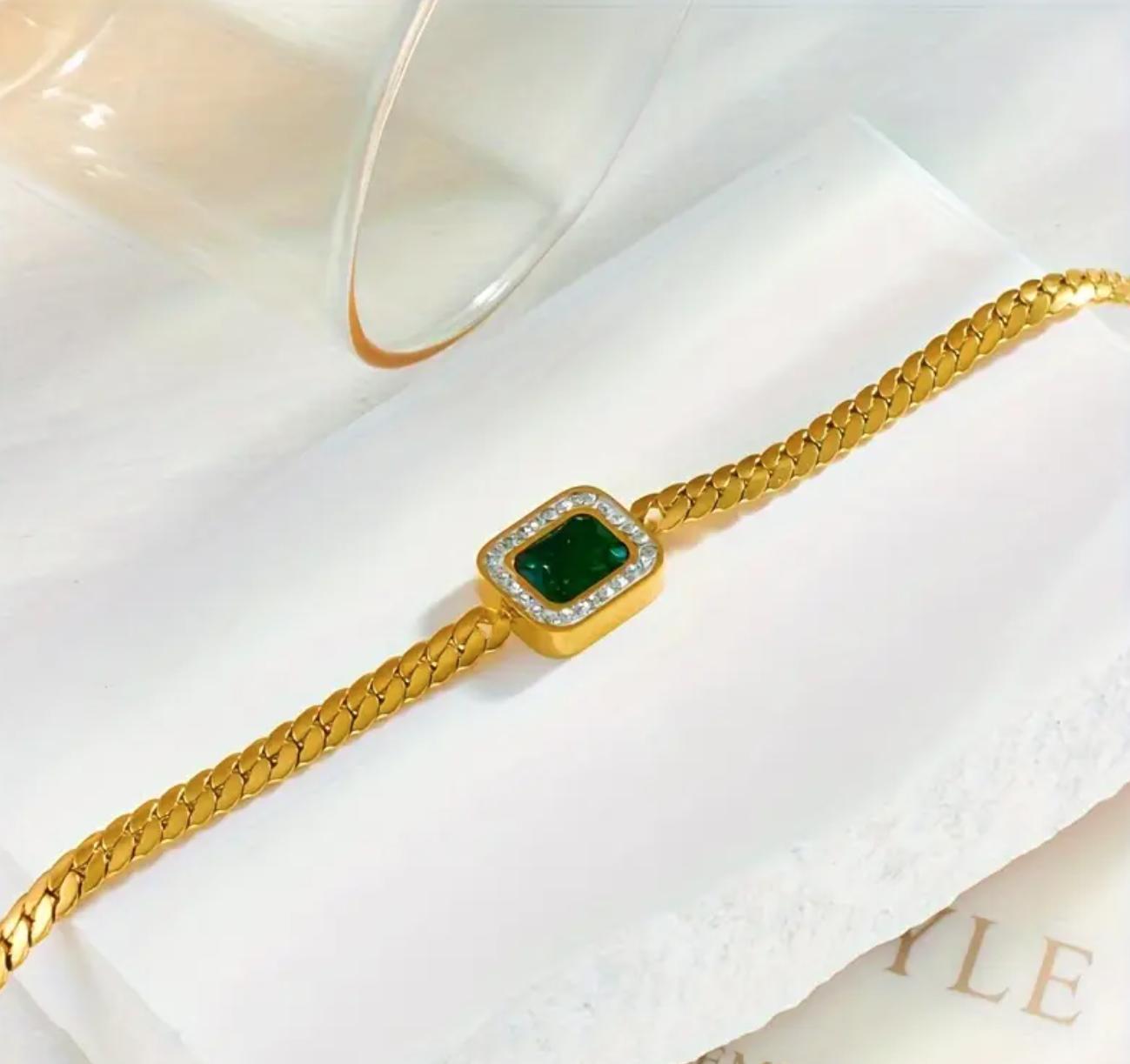 Hayat Bracelet - Stainless Steel Bracelet with Golden Chain and Green Square Glass Pendant, Unisex Fashion Jewelry