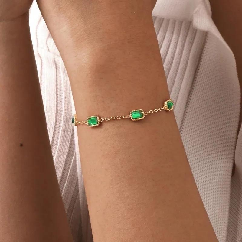 Hawa Necklace Bracelet Stainless Steel KDD093 Gold Chain with Green Gemstones Jewelry Set