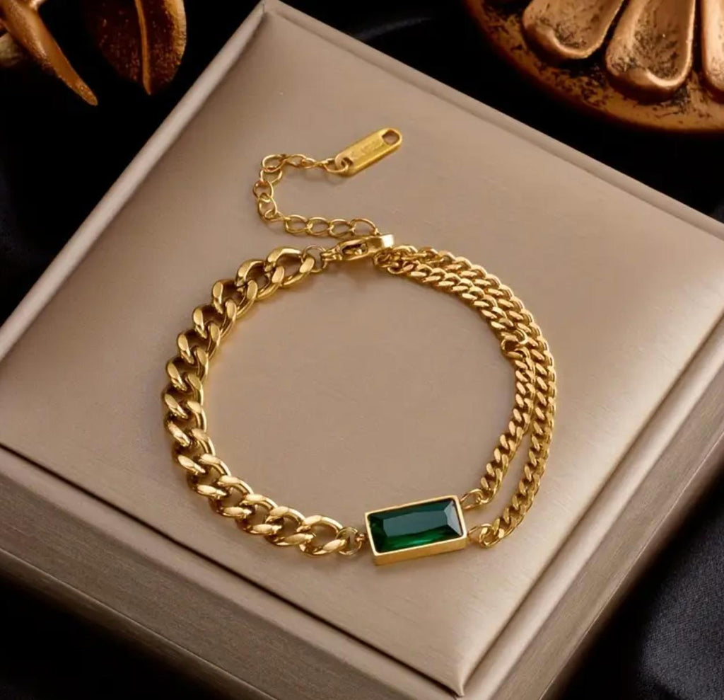 Hena Bracelet - Stainless Steel Trendy Green Small Square Golden Chain Bracelet, Gift For Women