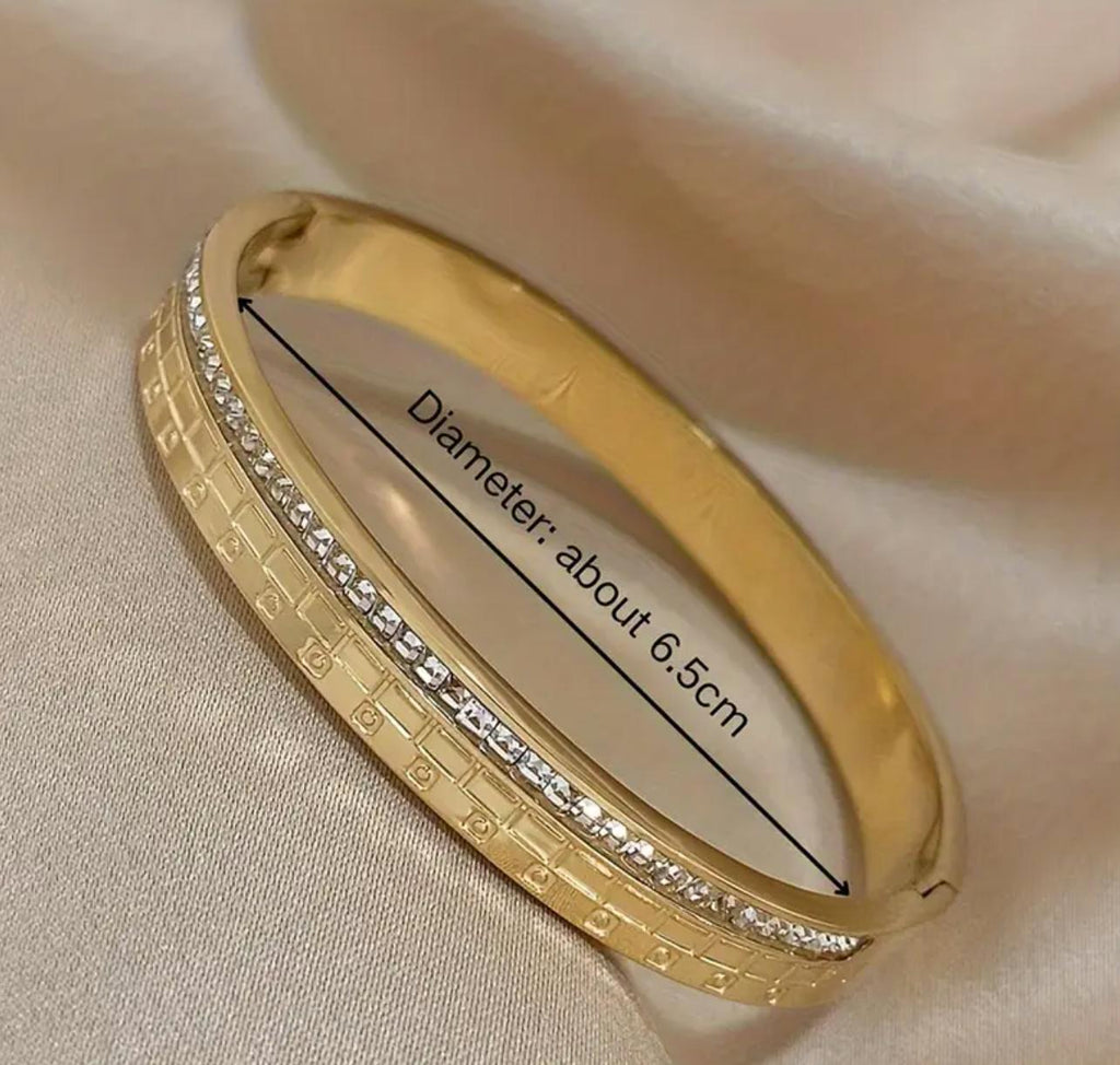 Squarey Bangle - 18K Gold Plated Rhinestone Bracelet,Textured Stainless Steel Bracelet Bangle