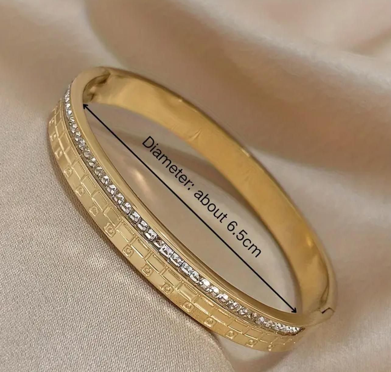 Squarey Bangle - 18K Gold Plated Rhinestone Bracelet,Textured Stainless Steel Bracelet Bangle