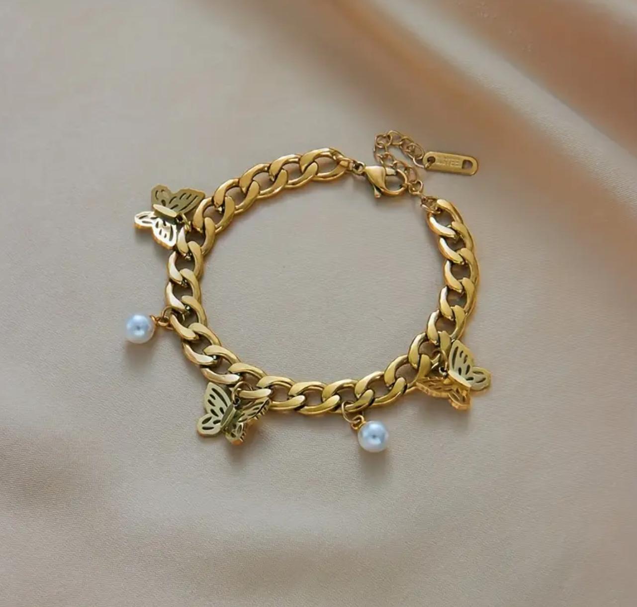 Butterfly Pearl Bracelet - Stainless Steel Gilded Bracelet, Butterfly Pearl Pendant Bracelet
