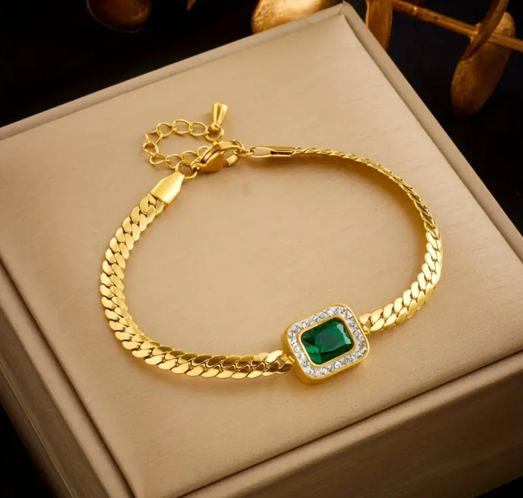 Hayat Bracelet - Stainless Steel Bracelet with Golden Chain and Green Square Glass Pendant, Unisex Fashion Jewelry