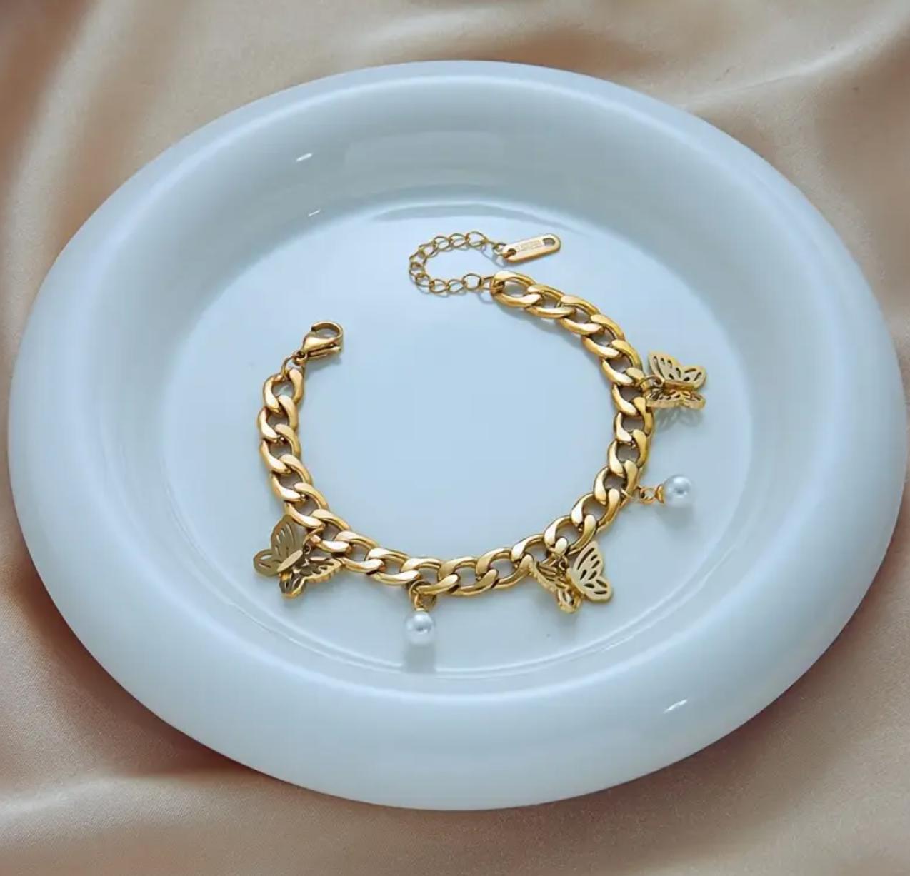 Butterfly Pearl Bracelet - Stainless Steel Gilded Bracelet, Butterfly Pearl Pendant Bracelet