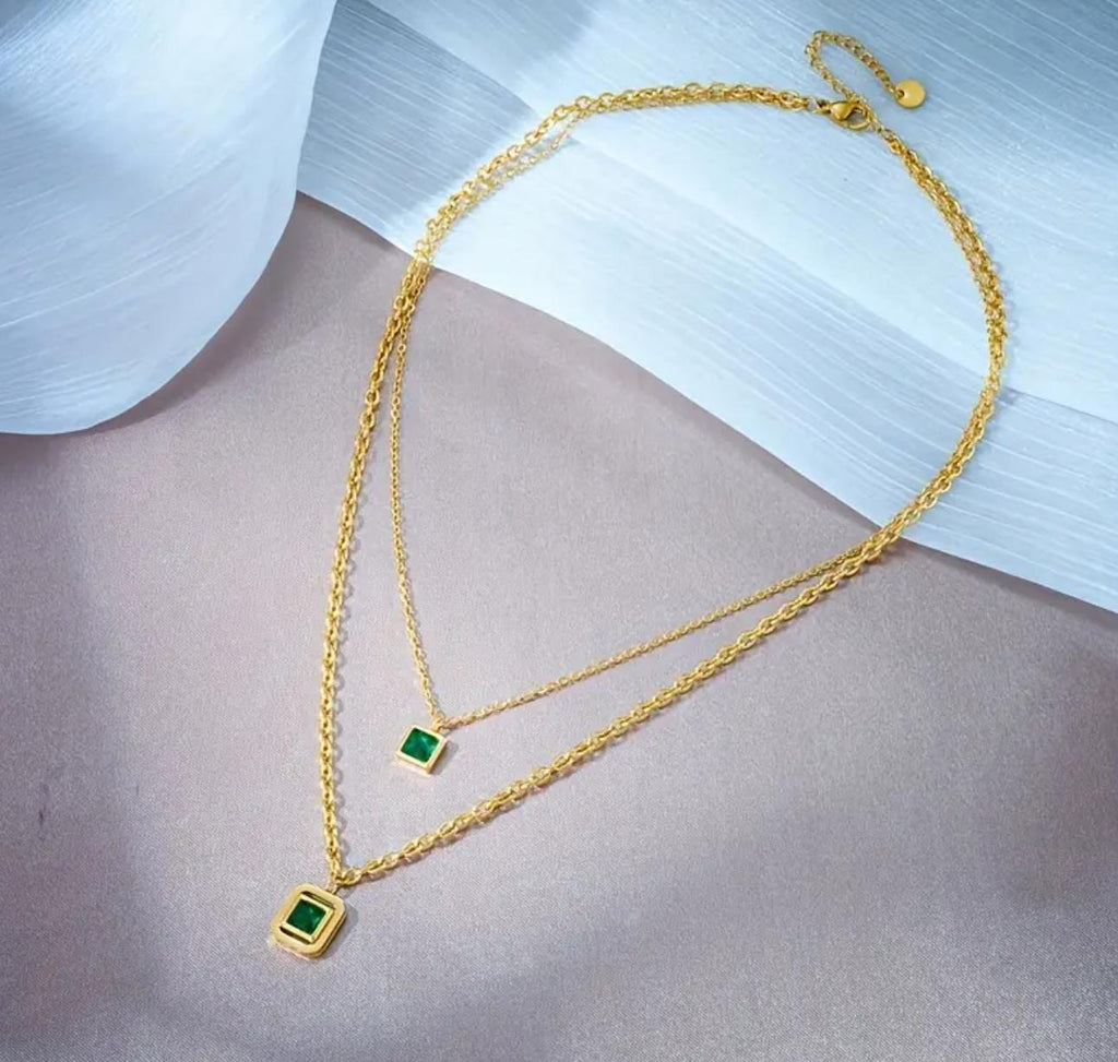 Maha Necklace - Layered Collarbone Stainless Steel Chain Necklace with Synthetic Cubic Zirconia Pendant