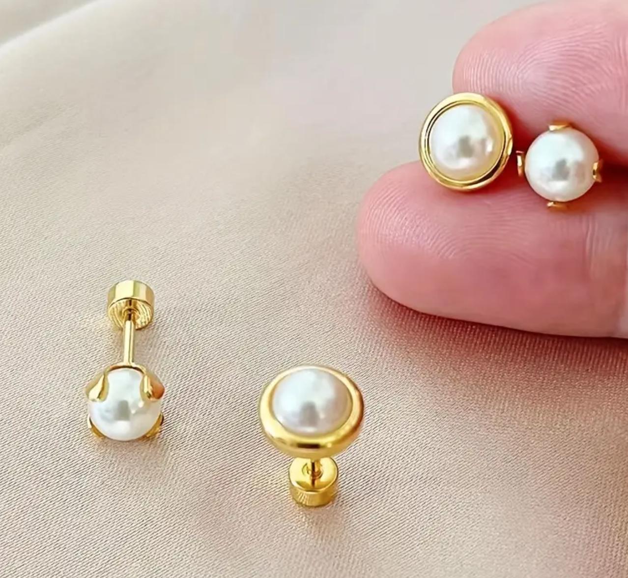 Pearl Studs - Stainless Steel Imitation Pearl Stud Earrings, Comfortable Flat Back Ear Clog for Sleeping Swimming Can Be Worn Without Taking Off