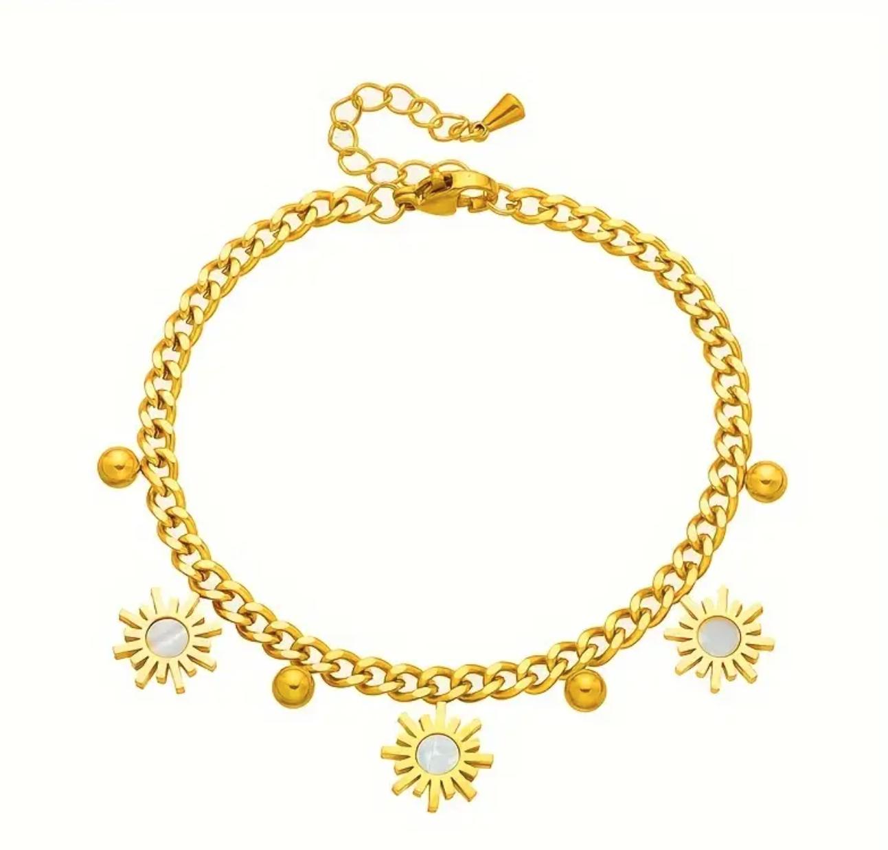 Sun Charm Bracelet - Stainless Steel  Bracelet with Golden Beads - Non-Tarnish, Perfect for Everyday & Party Wear