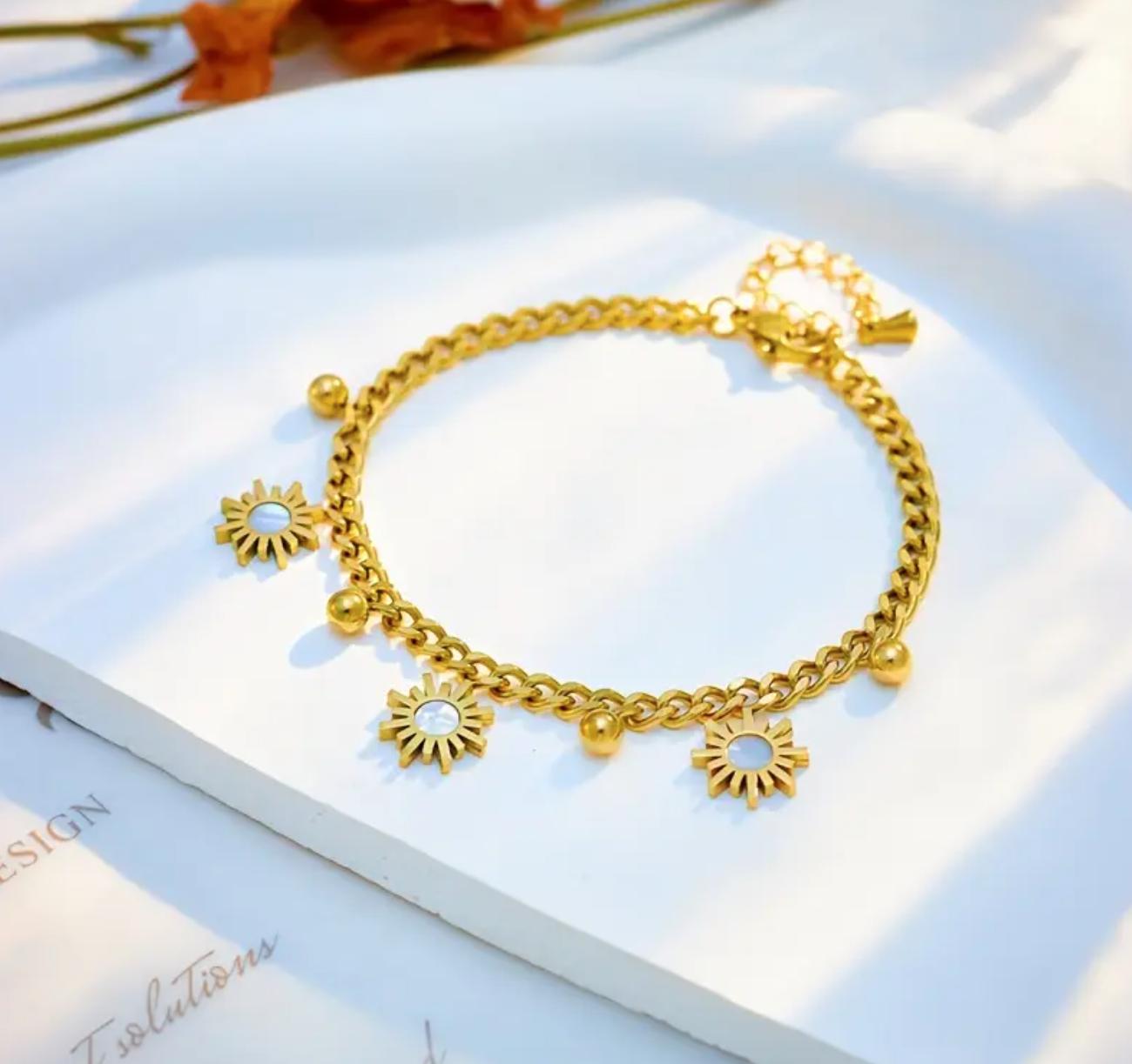 Sun Charm Bracelet - Stainless Steel  Bracelet with Golden Beads - Non-Tarnish, Perfect for Everyday & Party Wear