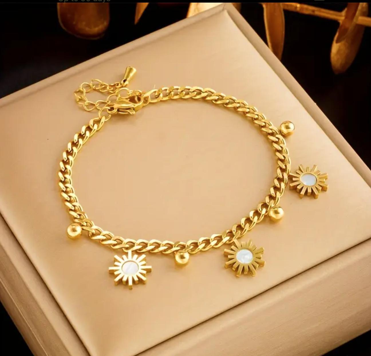 Sun Charm Bracelet - Stainless Steel  Bracelet with Golden Beads - Non-Tarnish, Perfect for Everyday & Party Wear