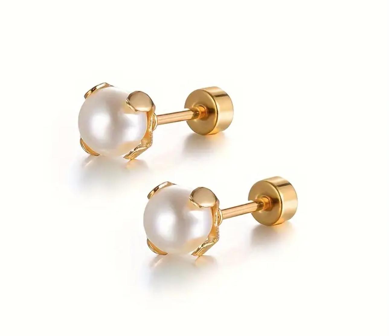 Pearl Studs - Stainless Steel Imitation Pearl Stud Earrings, Comfortable Flat Back Ear Clog for Sleeping Swimming Can Be Worn Without Taking Off