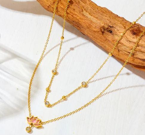 Lotus set - Stainless Steel 18K Gold Plated Flower Pendant Necklace