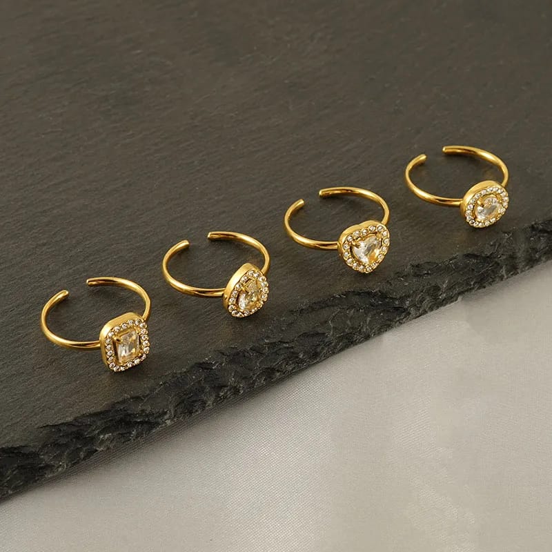 Adjustable rings Stainless Steel 18K Gold Plated Shiny Plating Inlay Square Water Droplets Heart Shape Zircon Open Ring
