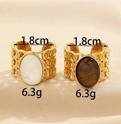 Bold Rings - Stainless Steel Fashion Gorgeous Golden Ring, Brown And White Cat's Eye Gemstone Open Ring Set, Suitable For Women's Daily Wear
