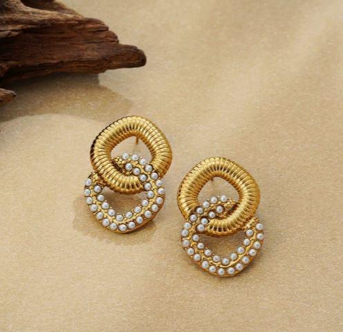 1 Pair Stainless Steel Faux Pearl Double Ring Square Combination Earrings, Inlaid With Zirconia Stone