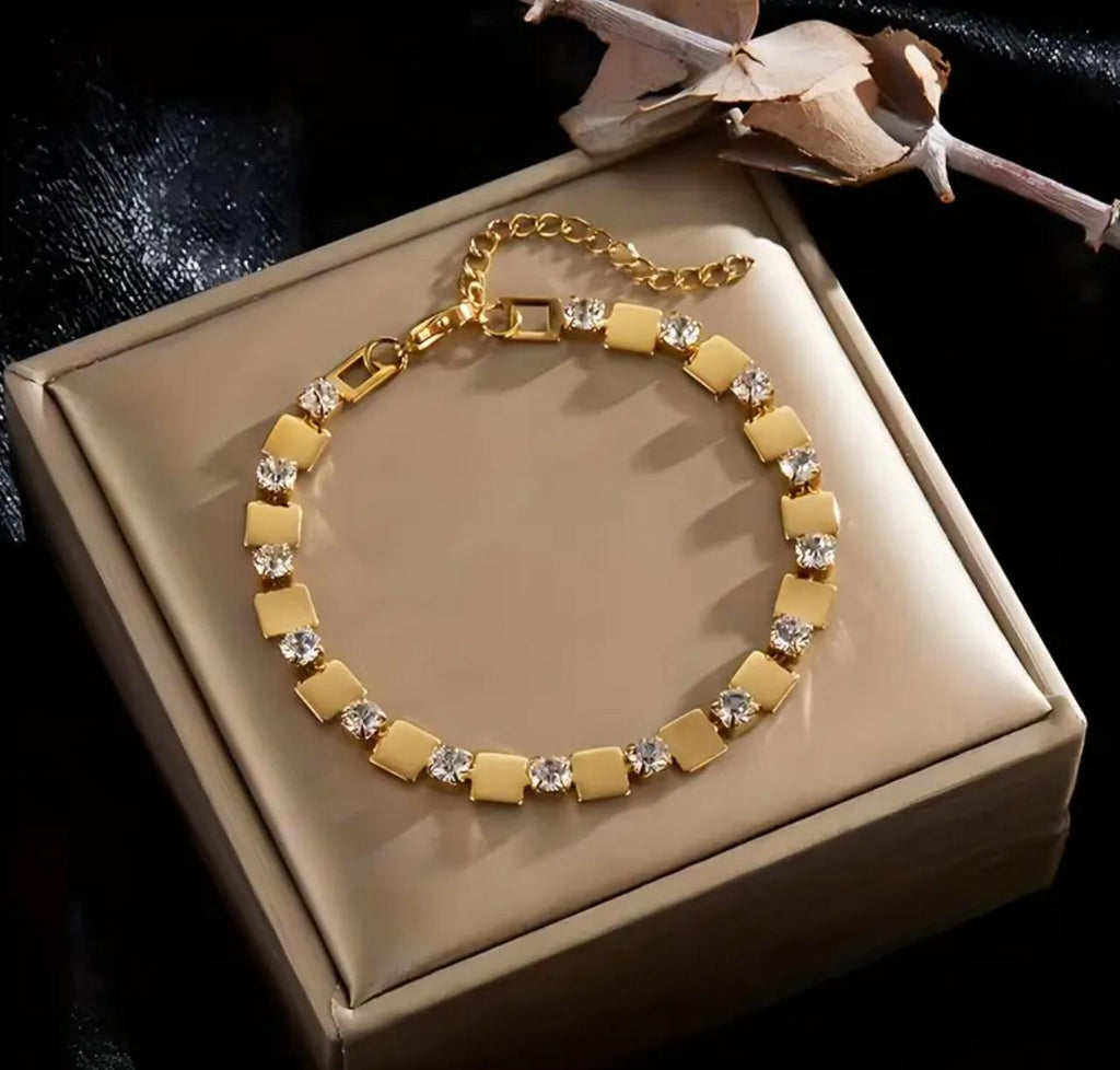 Dia Square Bracelet - 18K Golden Plated Stainless Steel Bracelet with Synthetic Cubic Zirconia