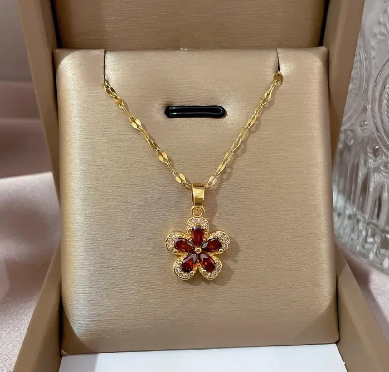 Five Petal necklace- Stainless Steel 18K Gold plated Five Petal Flower Necklace, Fashion Red Flower Pendant Necklace