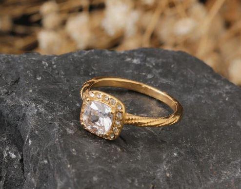 Sonia Ring - Plated Stainless Steel Cubic Zirconia Fortress Shape Large Square Spiral Ring