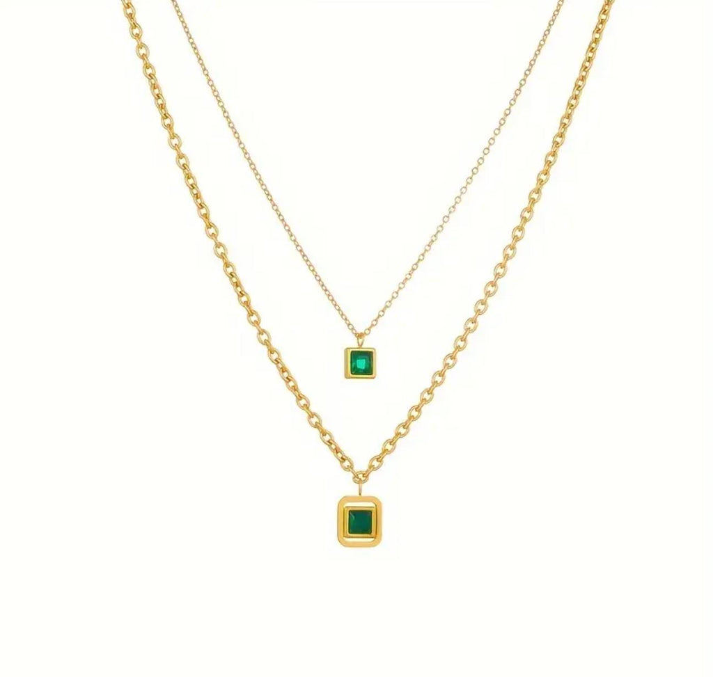 Maha Necklace - Layered Collarbone Stainless Steel Chain Necklace with Synthetic Cubic Zirconia Pendant