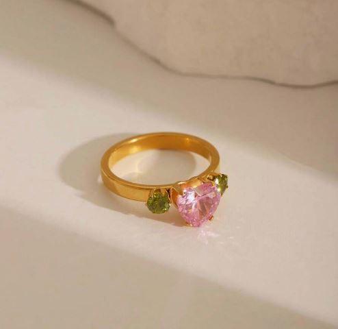 Pinky Ring-  Stainless Steel 18k Plated, Colorful Shiny Heart Shape Crystal Ring Set.