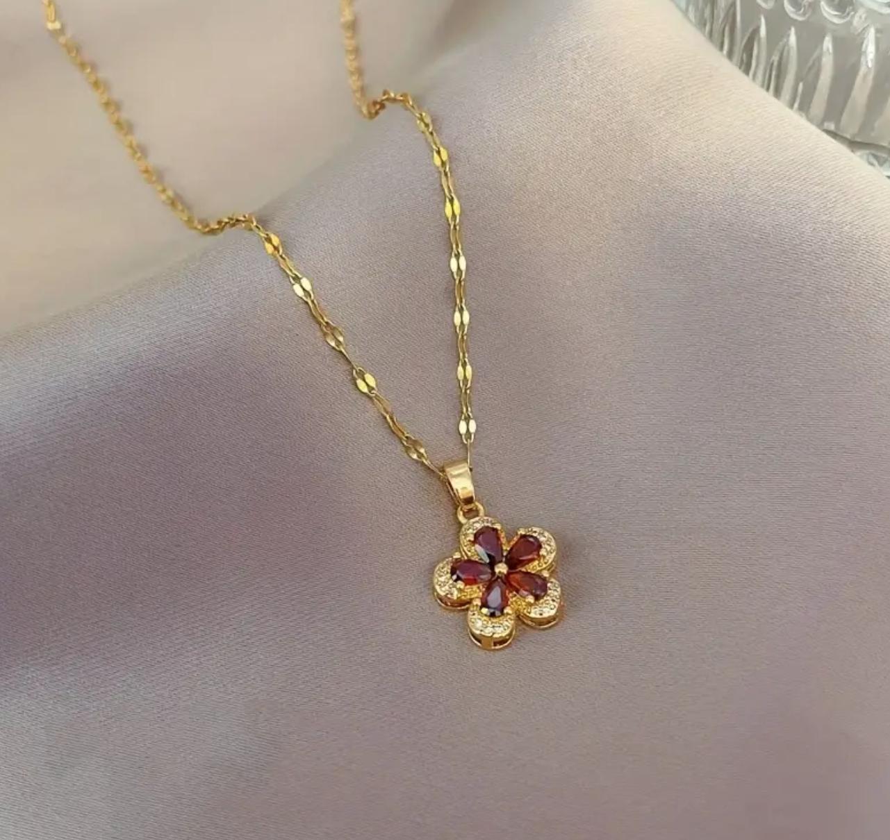Five Petal necklace- Stainless Steel 18K Gold plated Five Petal Flower Necklace, Fashion Red Flower Pendant Necklace