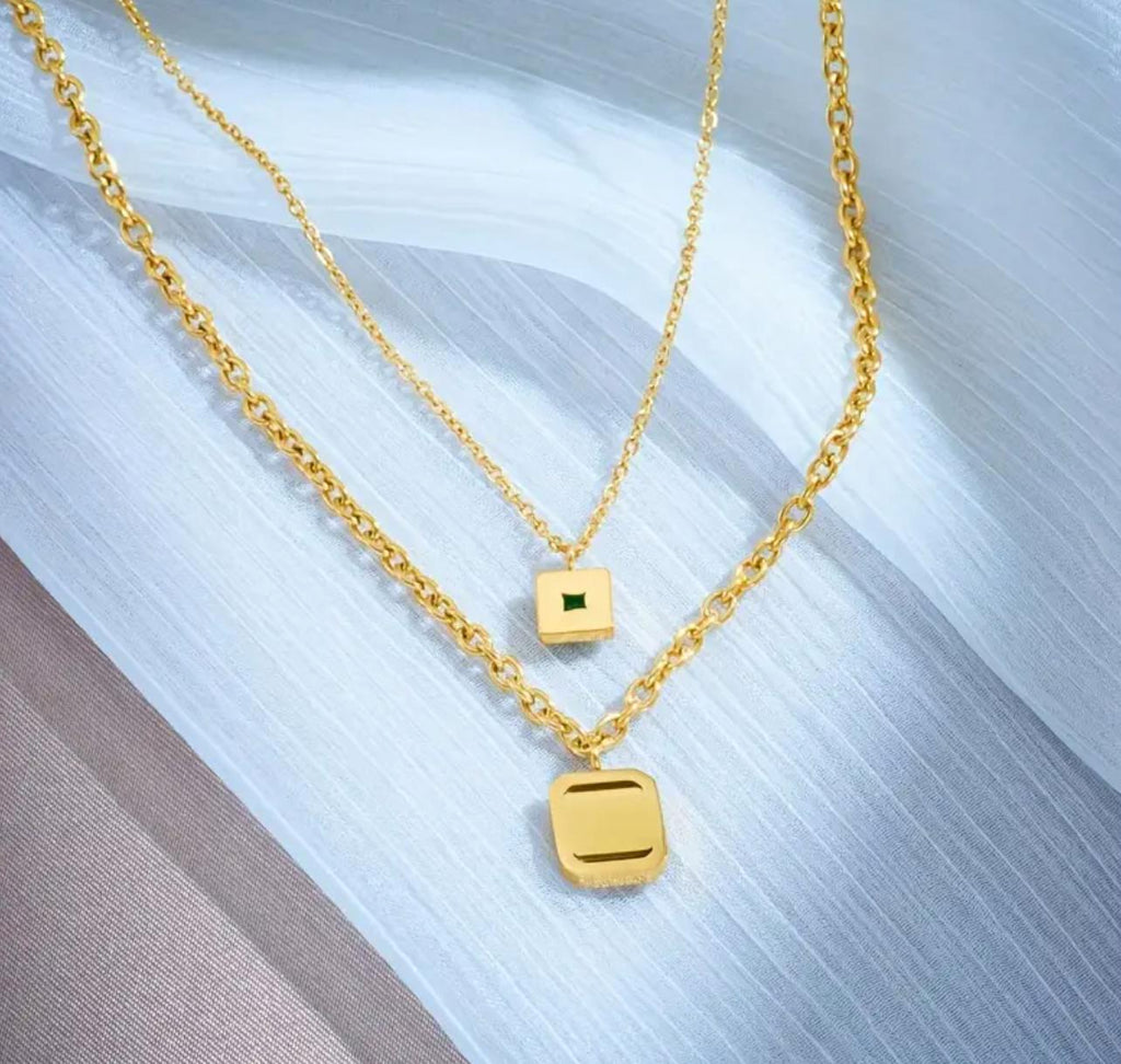 Maha Necklace - Layered Collarbone Stainless Steel Chain Necklace with Synthetic Cubic Zirconia Pendant