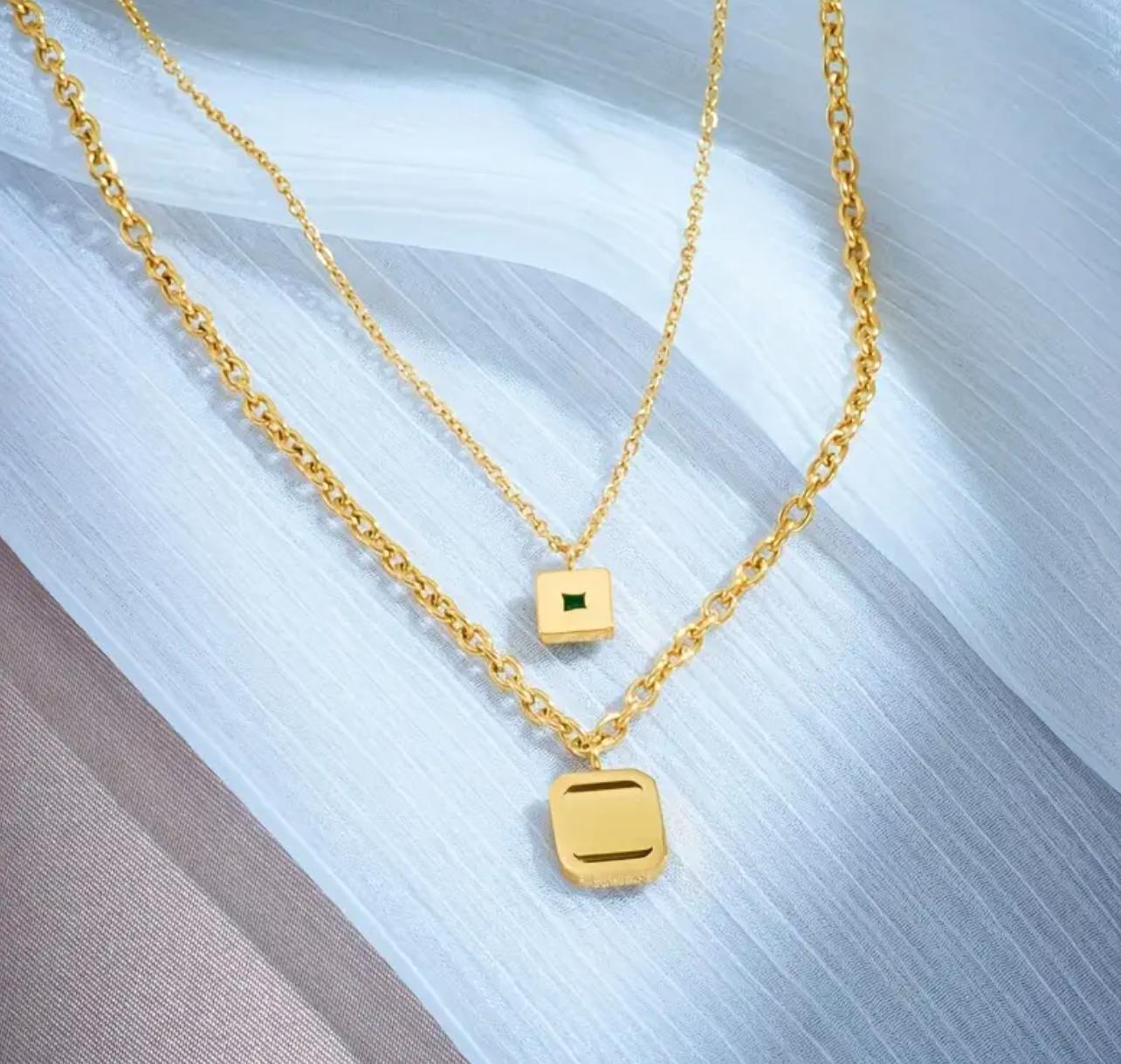 Maha Necklace - Layered Collarbone Stainless Steel Chain Necklace with Synthetic Cubic Zirconia Pendant