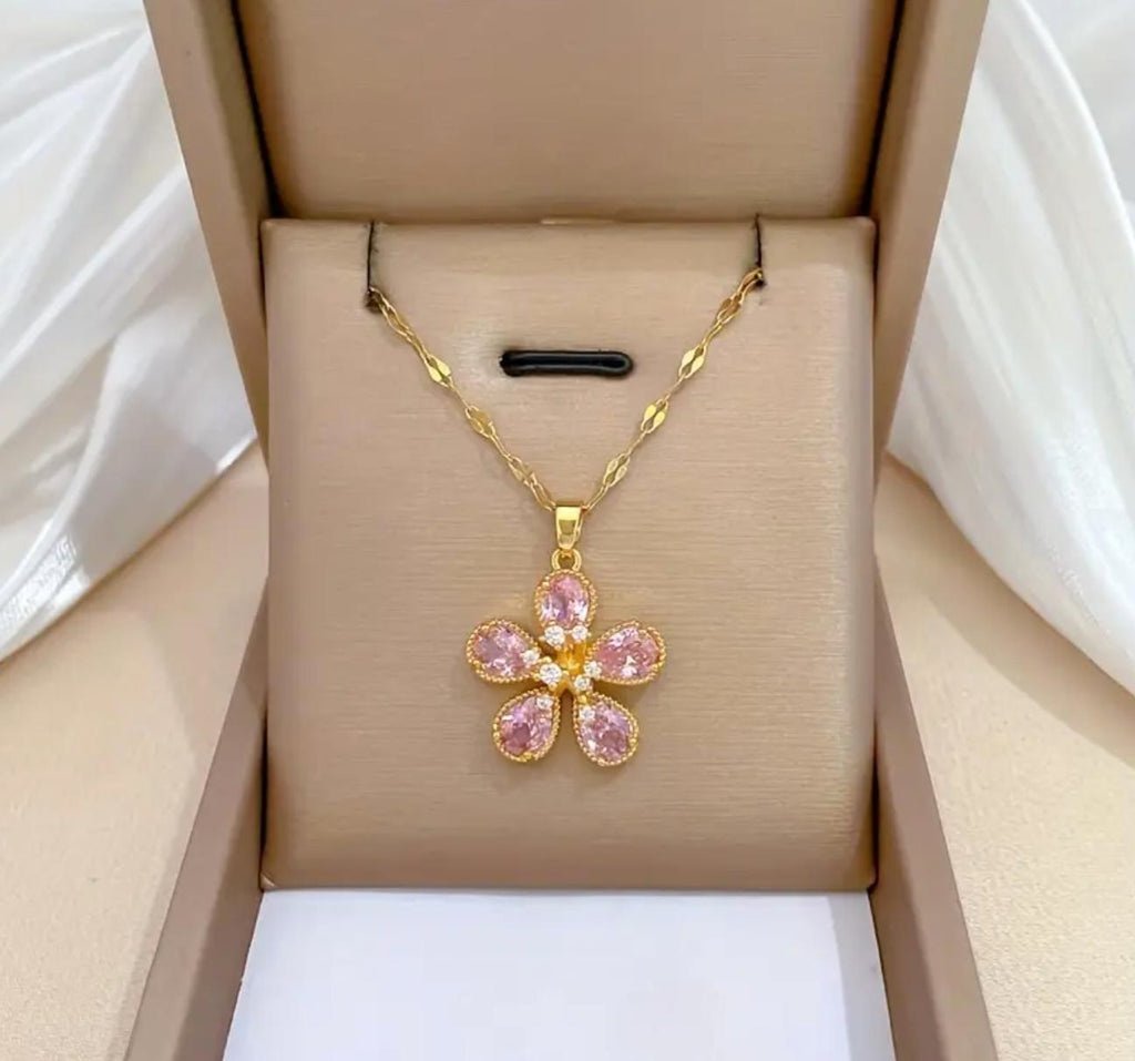 Pink Five-Petal - Stainless Steel Pendant Necklace For Women zirconia Jewelry Gifts