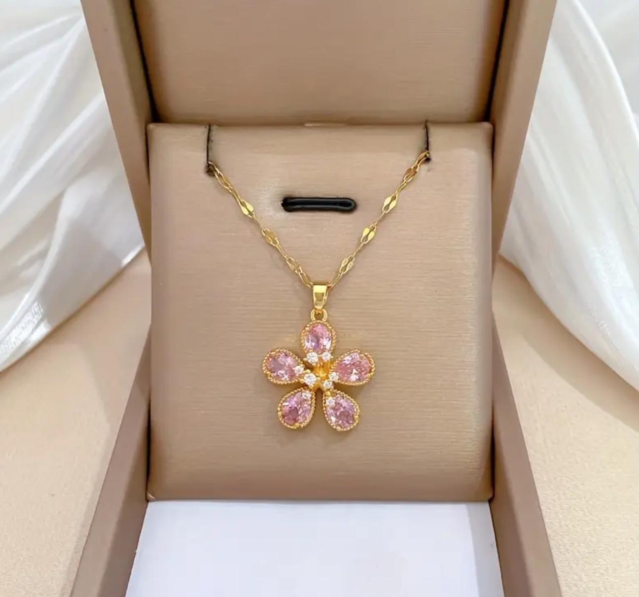 Pink Five-Petal - Stainless Steel Pendant Necklace For Women zirconia Jewelry Gifts