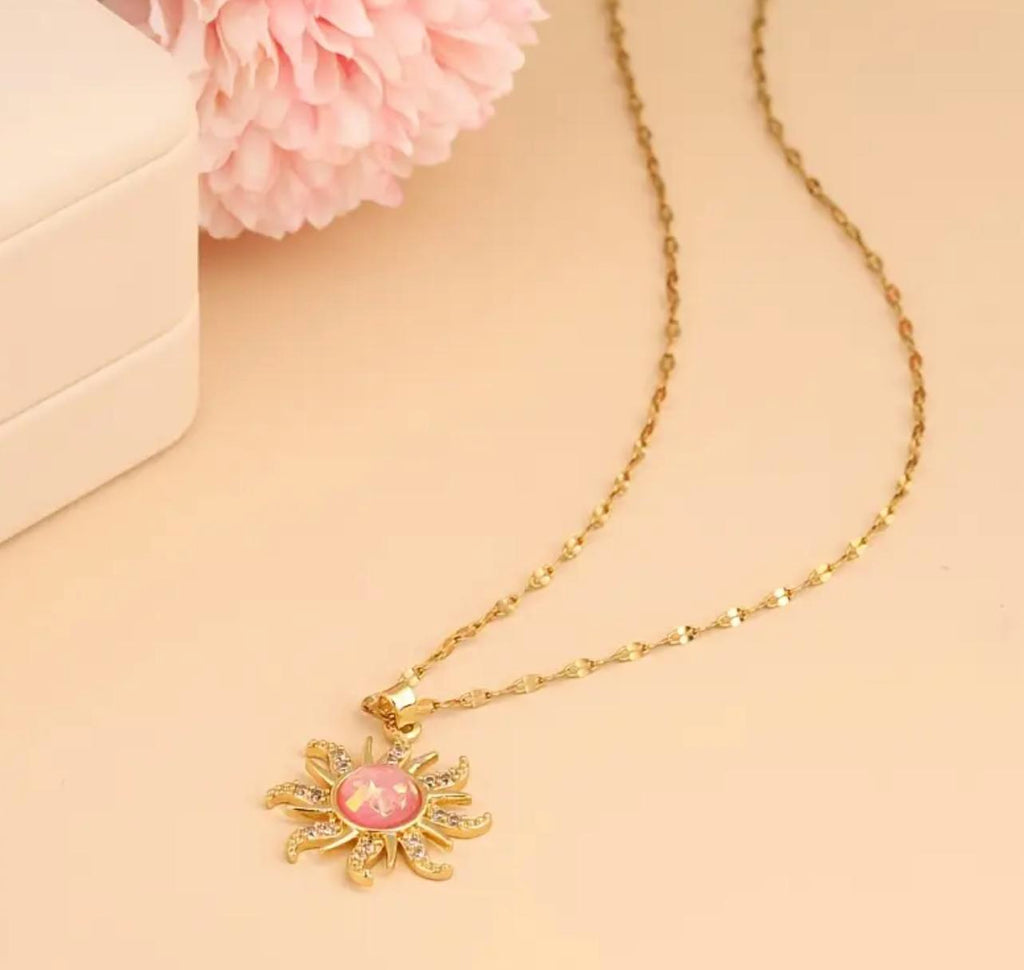 Pink Five-Petal - Stainless Steel Pendant Necklace For Women zirconia Jewelry Gifts