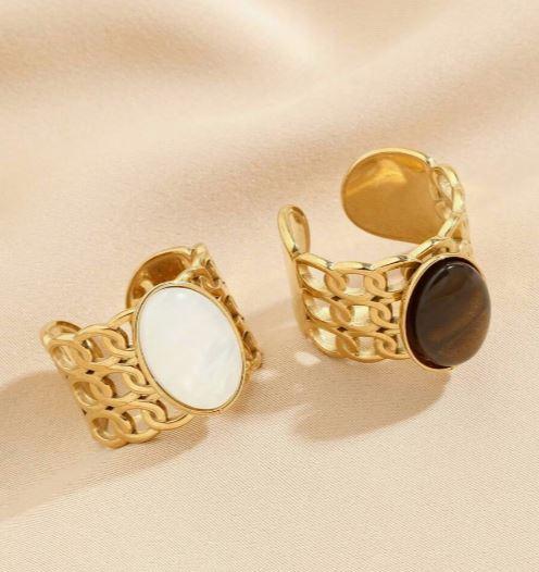 Bold Rings - Stainless Steel Fashion Gorgeous Golden Ring, Brown And White Cat's Eye Gemstone Open Ring Set, Suitable For Women's Daily Wear