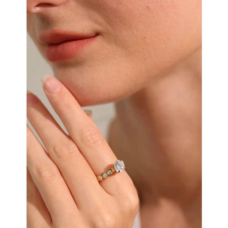 Kara Ring - Stainless Steel Ring with Central Stone and Hexagonal Accents Gold Finish Jewelry
